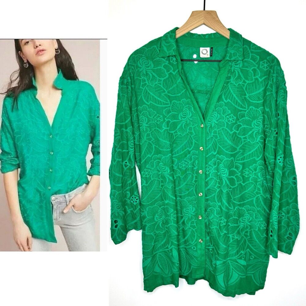 Akemi Kin Womens Shirt Kelly Green  Eyelet Semi See Through Button Up Size S